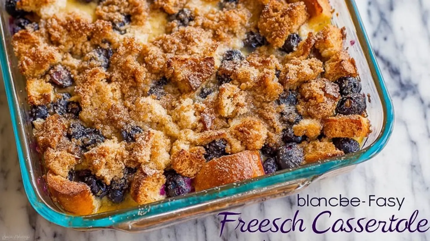 A clear glass dish holds a freshly baked Best Blueberry French Toast Casserole with golden-brown bread, plump blueberries, and a sugary streusel topping on a white marble surface.