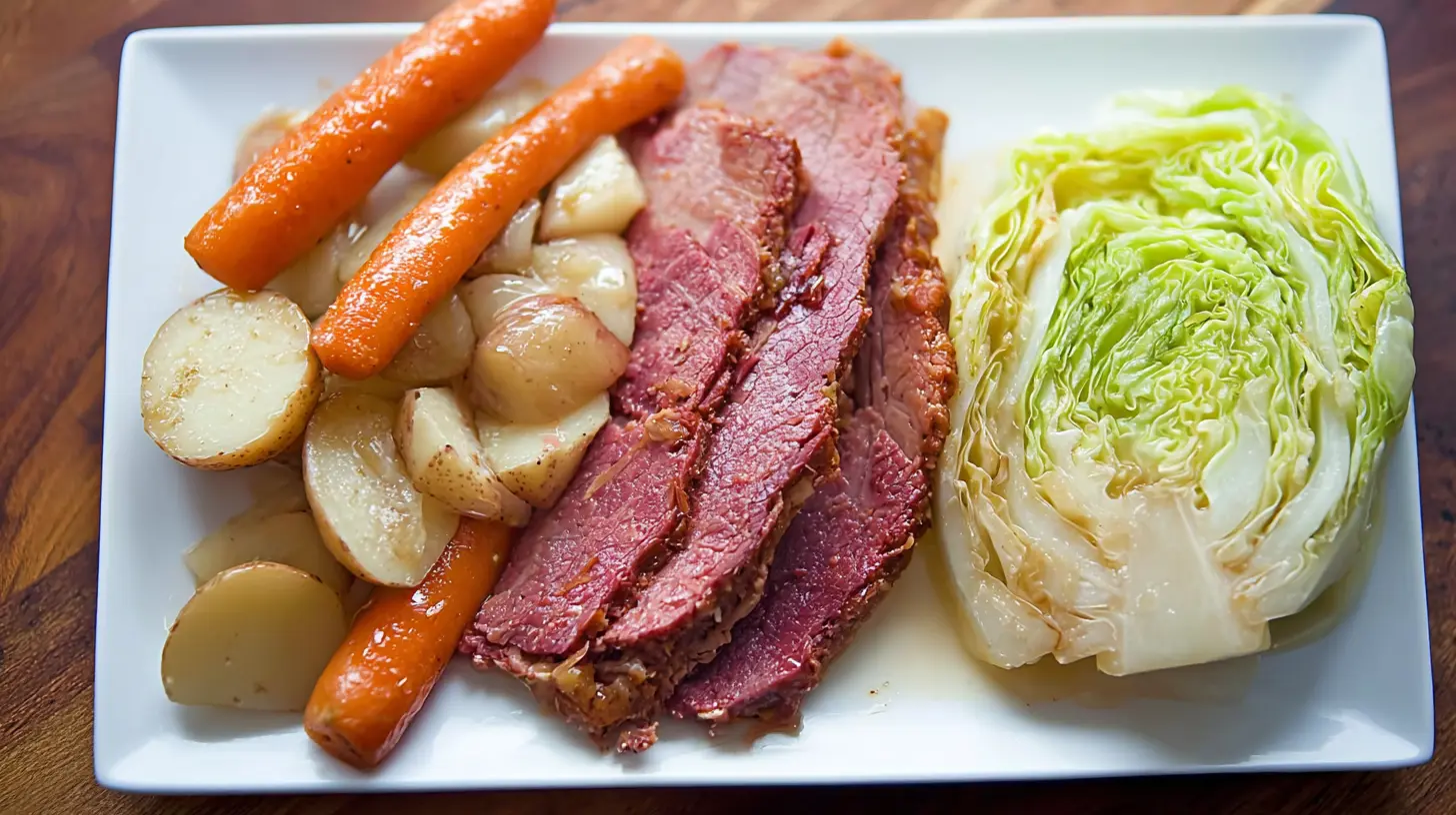 A delicious serving of Best Corned Beef Recipe (Crockpot or Oven) with tender meat, cabbage, potatoes, and carrots on a white plate.