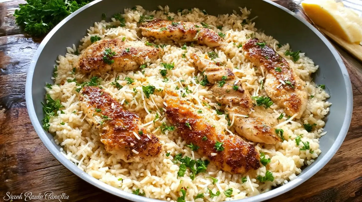 Delicious Chicken Scampi with Garlic Parmesan Rice served in a dark skillet, garnished with fresh parsley and grated cheese on a rustic wooden table.
