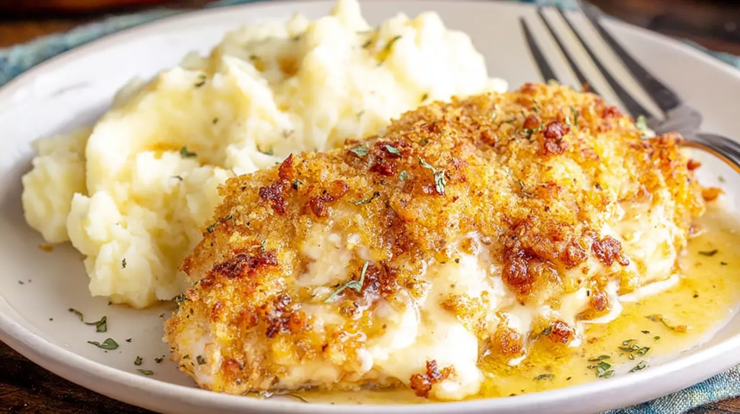 Delicious Copycat Longhorn Parmesan Crusted Chicken with creamy mashed potatoes on a white plate.