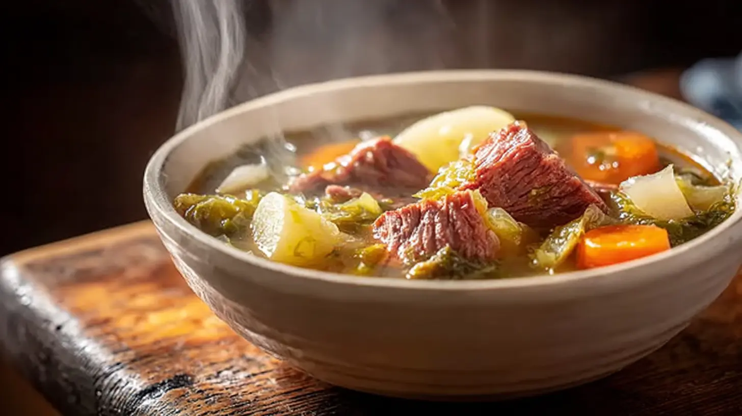 Steaming bowl of Cozy & Comforting Corned Beef Stew with tender meat, potatoes, carrots, and greens on a rustic wooden surface.