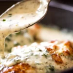 Creamy garlic parmesan sauce being poured over seared chicken, perfect for a delicious Creamy Garlic Parmesan Chicken Recipe.