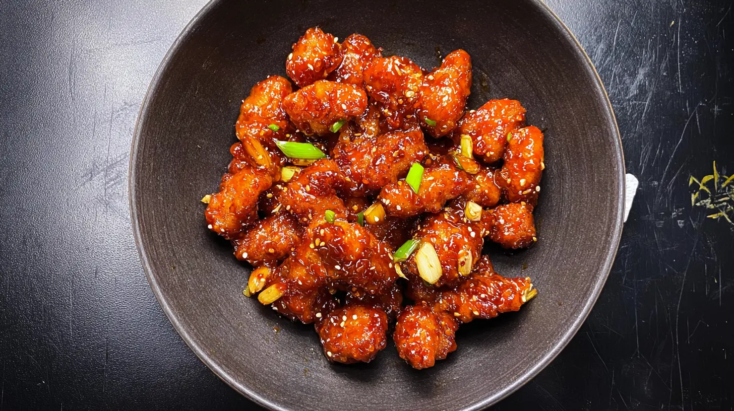 Top-down view of a dark bowl filled with a generous serving of Crispy Bang Bang Chicken Recipe with Spicy-Sweet Sauce, garnished with sesame seeds, green onions, and garlic slices on a dark, textured surface.