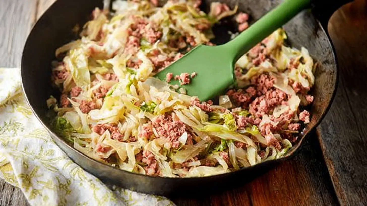 Close-up of a skillet filled with sautéed corned beef and cabbage, part of delicious Easy Dinner Recipes: Corned Beef and Cabbage, on a wooden table with a green spatula.