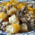Close-up of a hearty Hobo Casserole Ground Beef Recipe Easy with melted cheese on a blue and white ceramic plate.