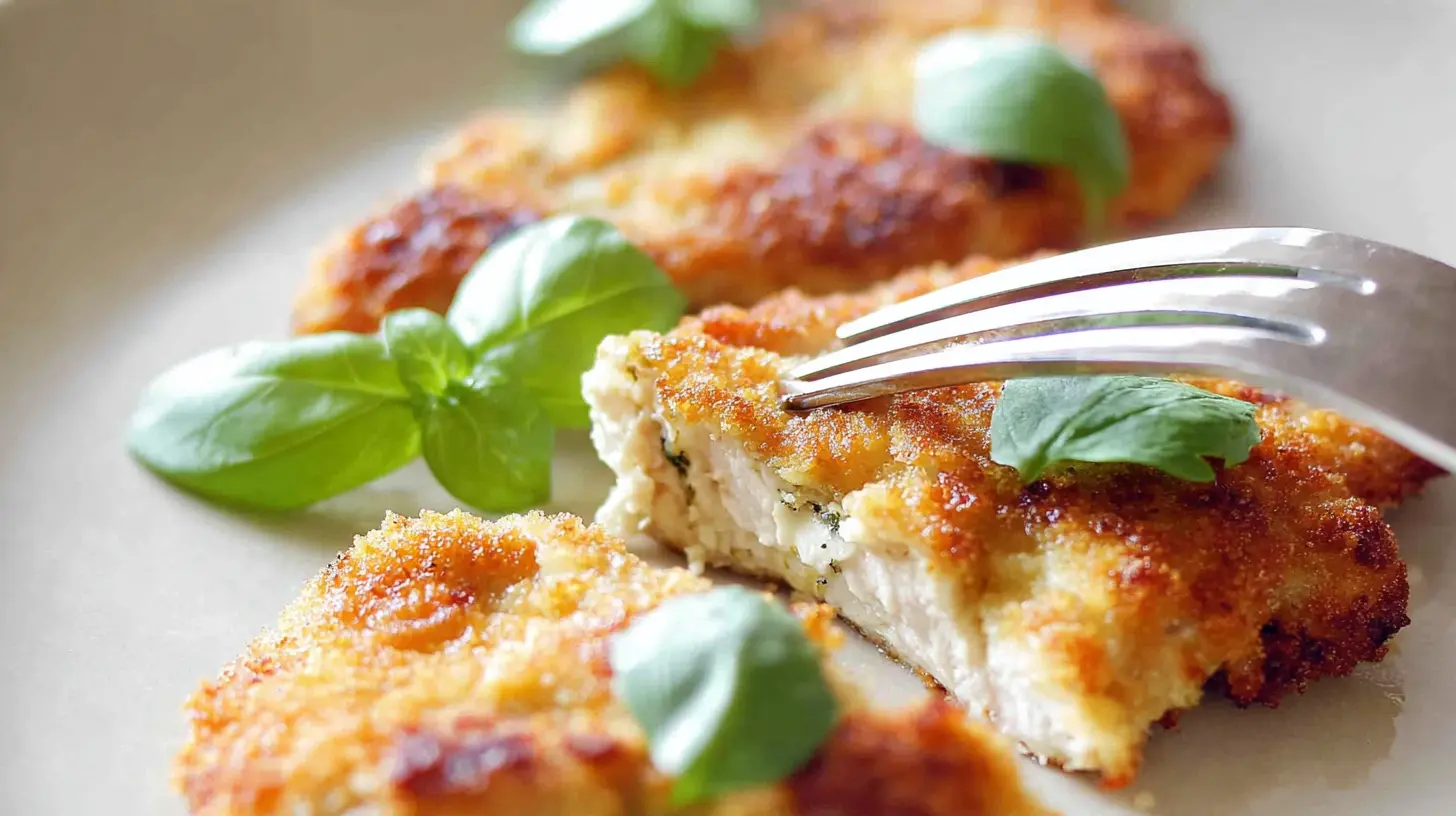 Appetizing golden-brown fried chicken breast cutlets on a plate, with a fork piercing one, perfectly demonstrating How to Make Your Mouth Chicken Breast Recipe.