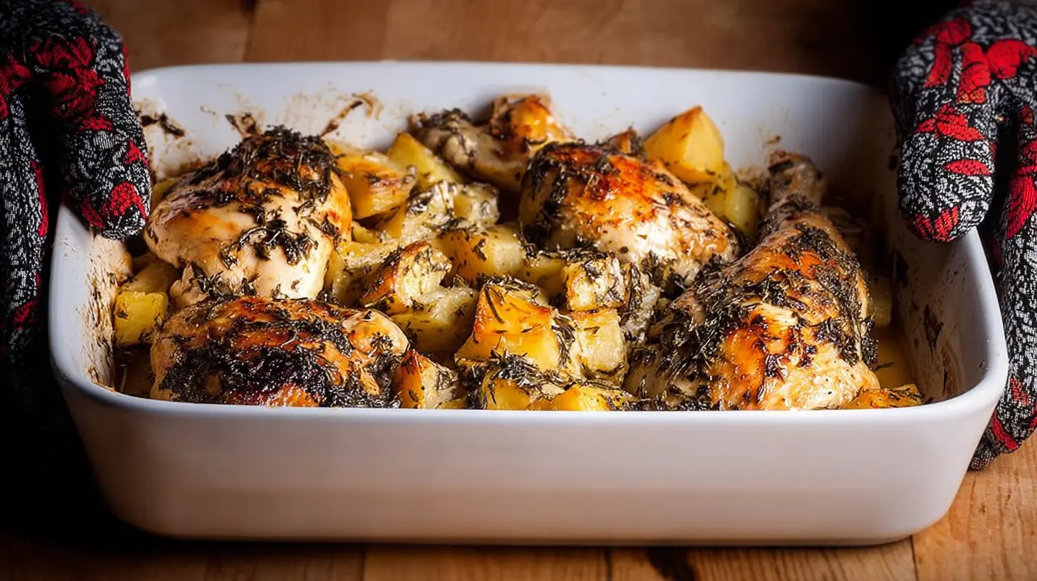 Freshly baked Italian Baked Chicken and Potatoes Recipe, seasoned with herbs, served hot in a ceramic dish.
