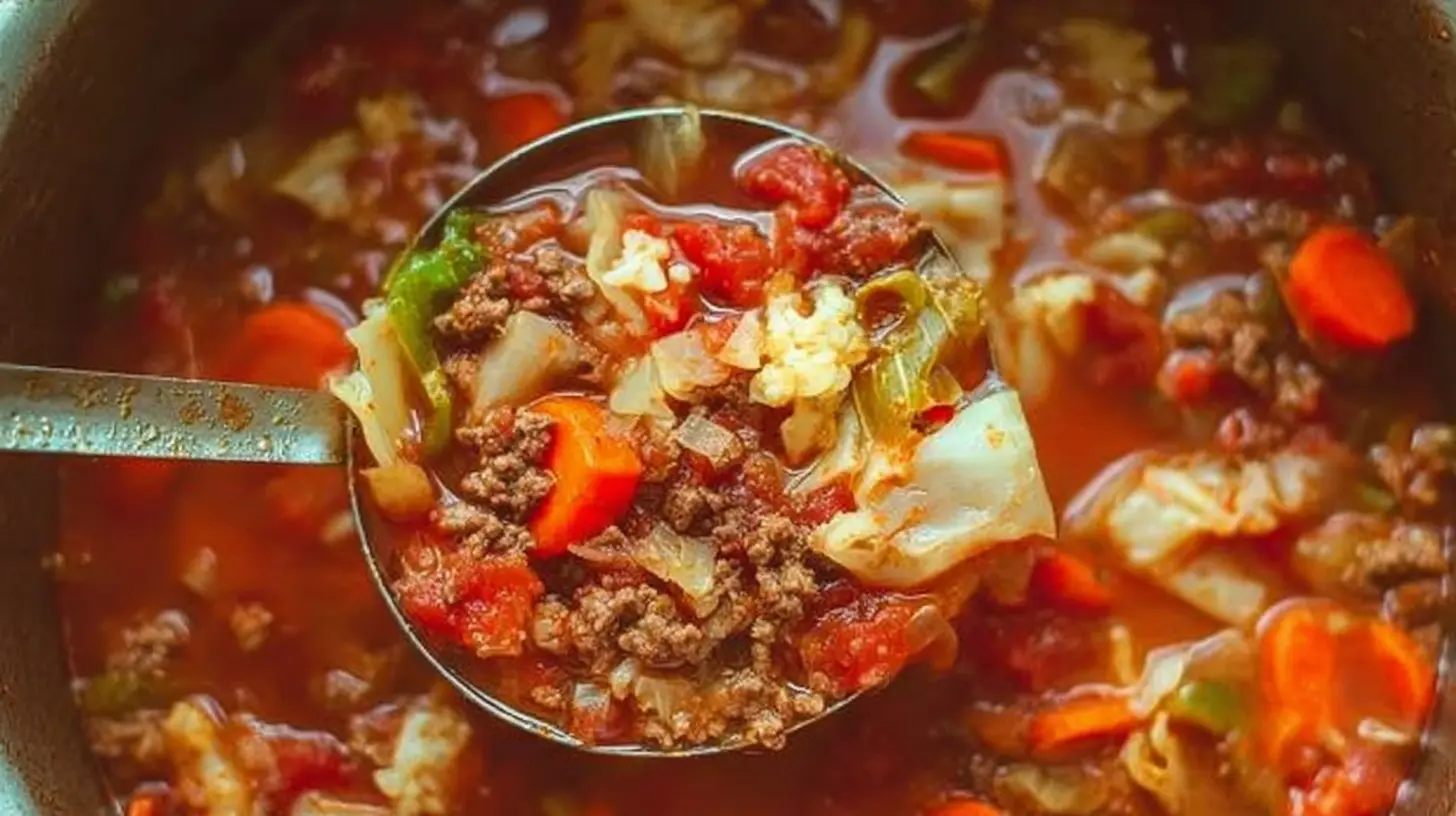 Close-up of a ladle serving hearty Italian Vegetable Beef Soup Recipe, rich with ground meat, tomatoes, cabbage, and carrots.