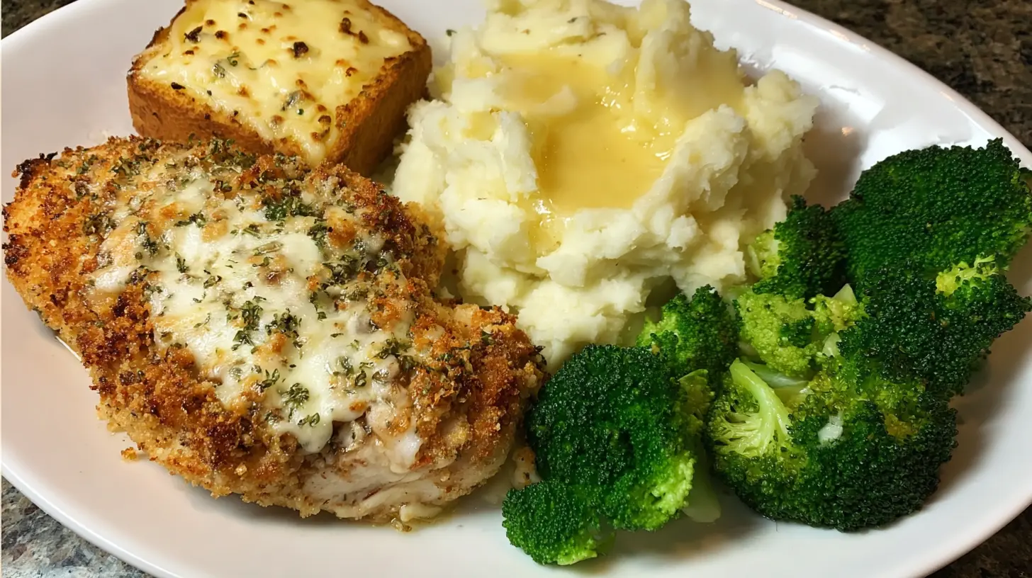 A hearty plate featuring a golden-brown Parmesan chicken cutlet with melted cheese, creamy mashed potatoes, steamed broccoli, and cheesy bread, reminiscent of a Longhorn Steakhouse Parmesan Chicken Recipe.