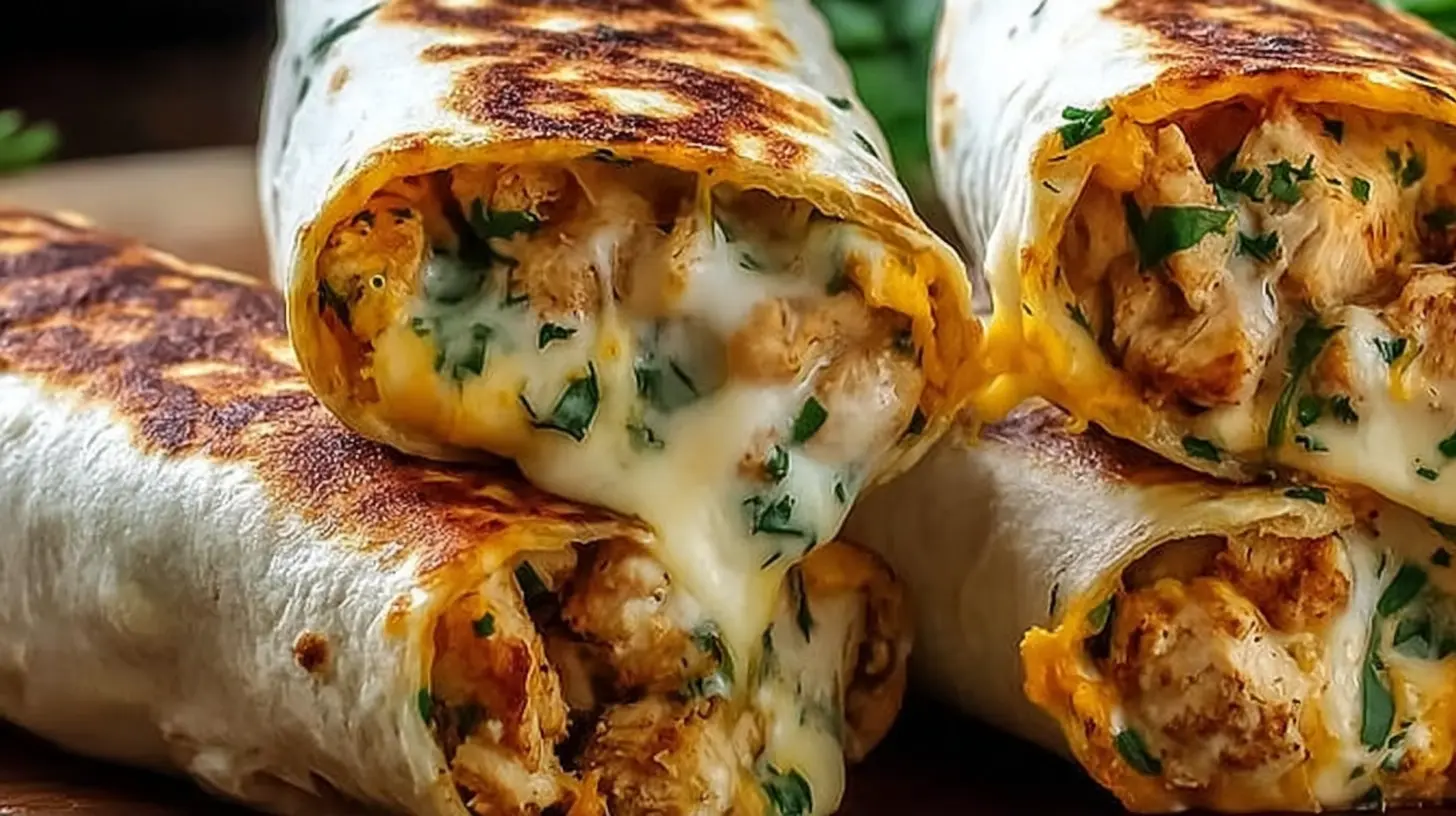 Close-up of golden-brown Ooey-Gooey Cheesy Garlic Chicken Wraps with melted cheese spilling out and fresh herbs.
