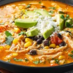 Close-up of a hearty bowl of Rotisserie Chicken Enchilada Soup, garnished with avocado and crumbled cheese on a wooden surface.