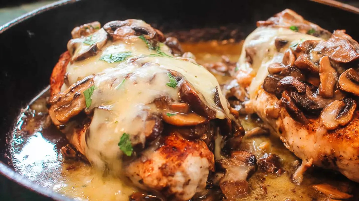 Close-up of Texas Roadhouse Smothered Chicken, featuring two chicken breasts generously topped with melted cheese, sautéed mushrooms, and savory sauce in a dark skillet.