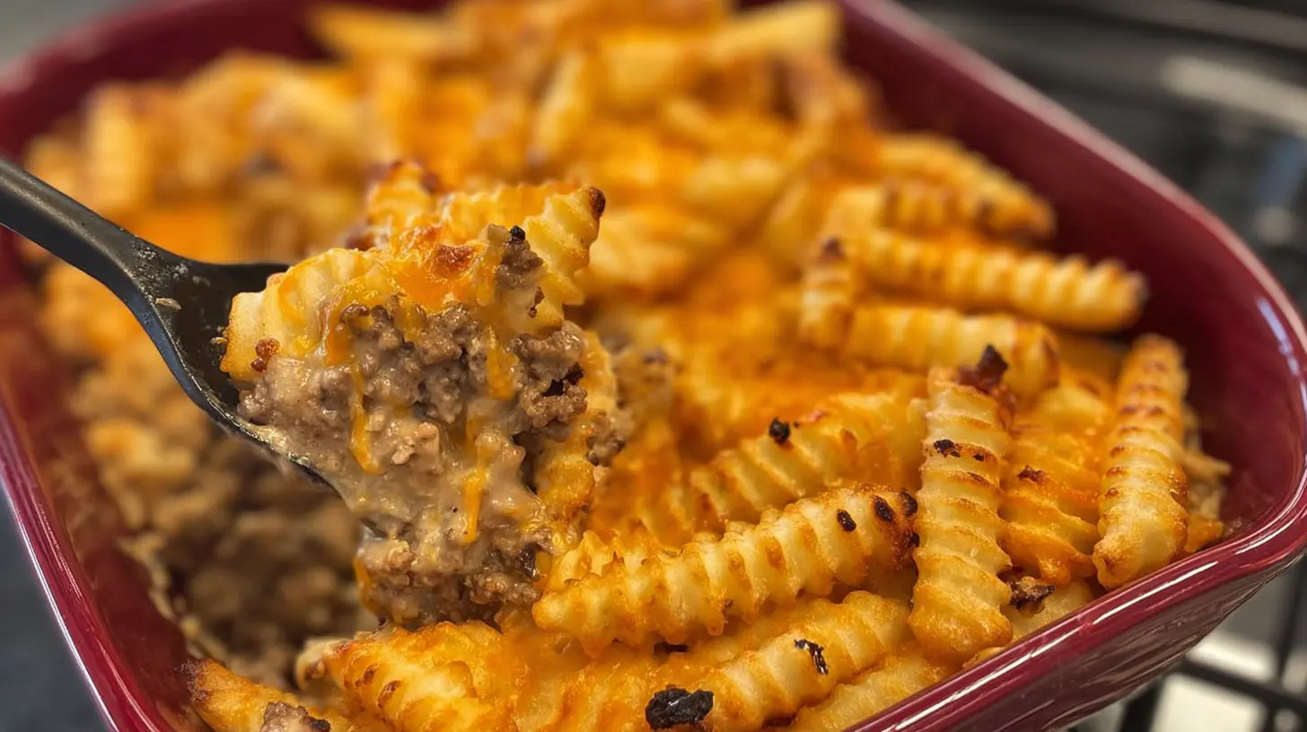 Close-up of a bubbling cheeseburger french fry casserole, featuring crispy crinkle-cut fries, gooey melted cheddar, and savory ground beef being scooped from a red dish.