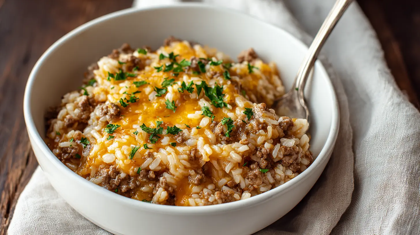 Close-up of a bubbling cheesy ground beef and rice casserole, garnished with fresh parsley, served in a white bowl with a spoon.