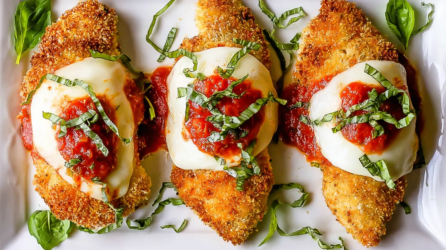 Three golden-brown chicken breast parmesan baked to perfection, topped with melted mozzarella, rich tomato sauce, and fresh basil, ready to be served from a delicious chicken breast parmesan recipe baked.