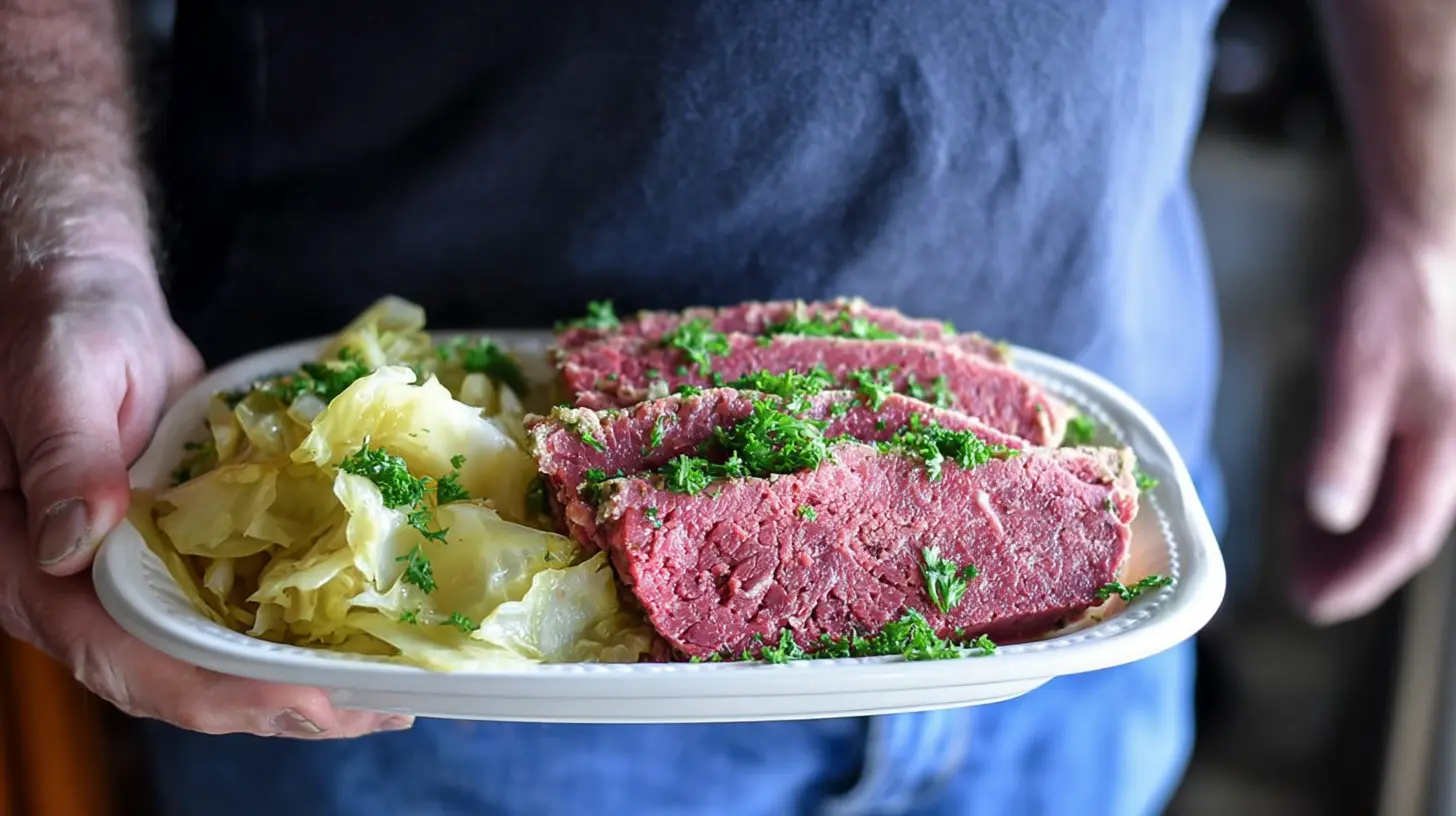 Close-up of a plate of tender corned beef and cabbage, perfectly cooked in a crock pot and garnished with fresh parsley, held by an adult.