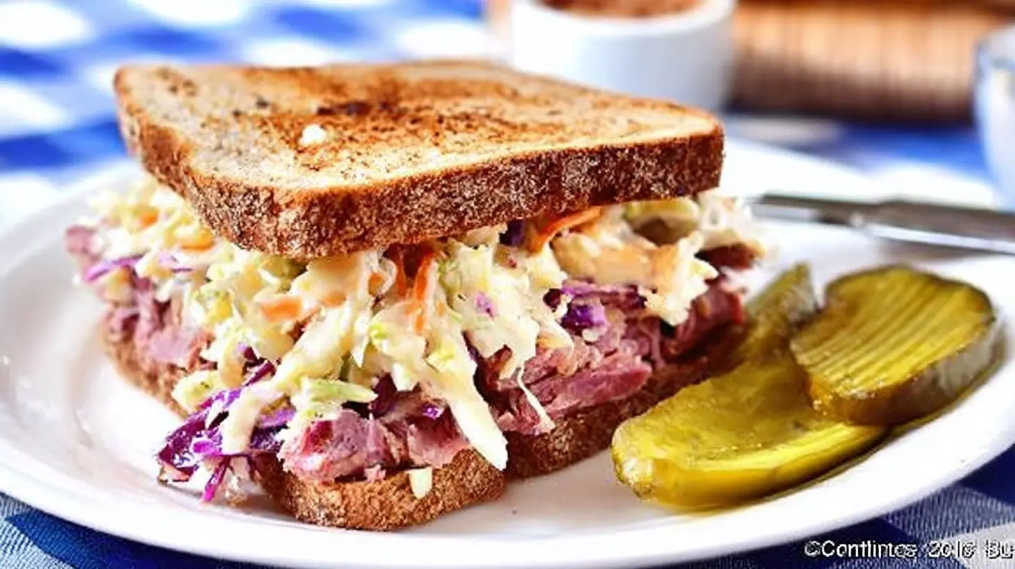 A generously piled corned beef sandwich with coleslaw on toasted rye bread, served with dill pickles.