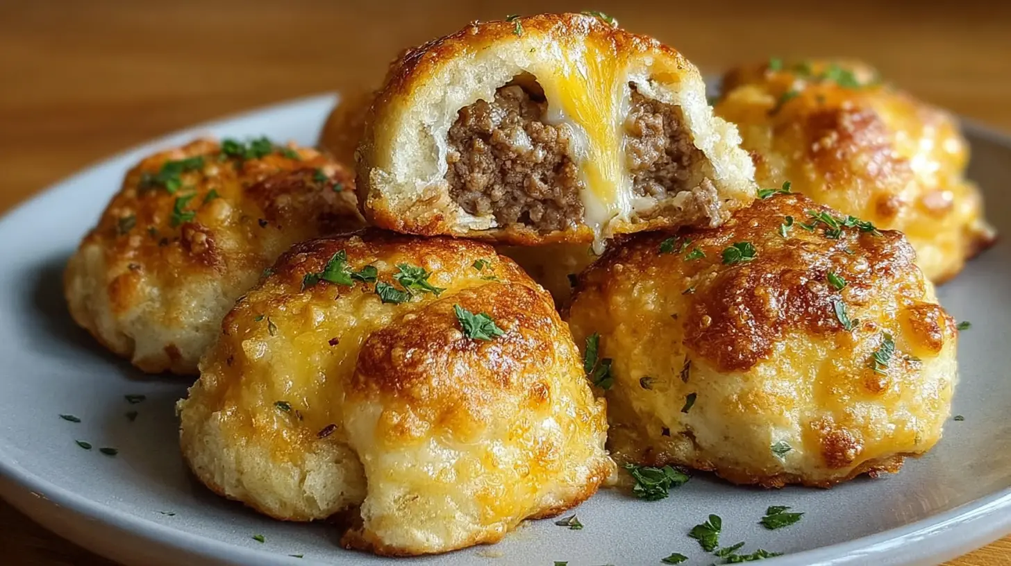 Close-up of golden-brown garlic parmesan cheeseburger bombs on a grey plate, one cut open revealing gooey cheese and savory meat filling, garnished with herbs.