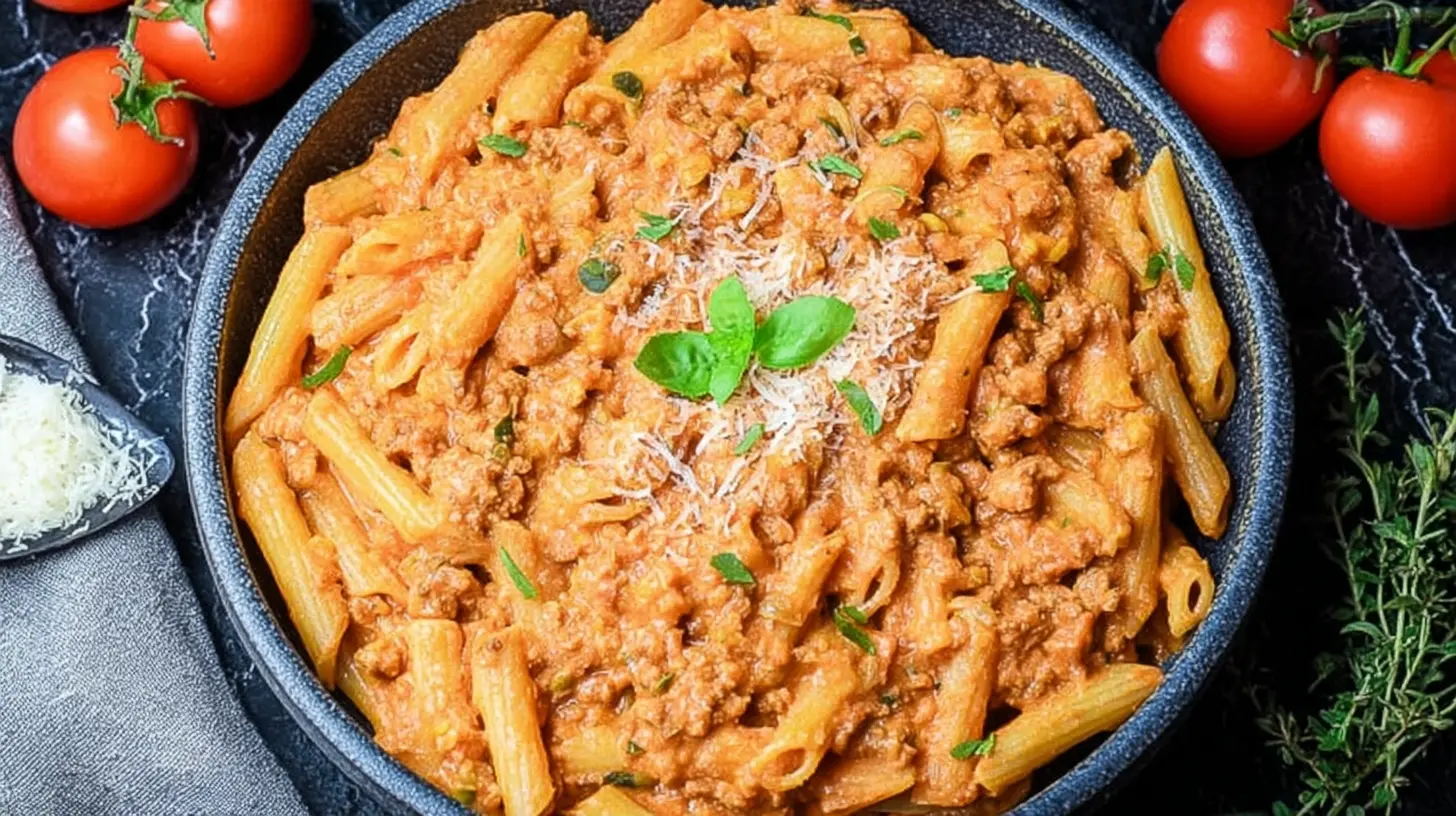 Close-up of a rustic bowl filled with a high protein creamy beef pasta recipe, garnished with fresh basil and grated Parmesan cheese on a dark marbled surface.