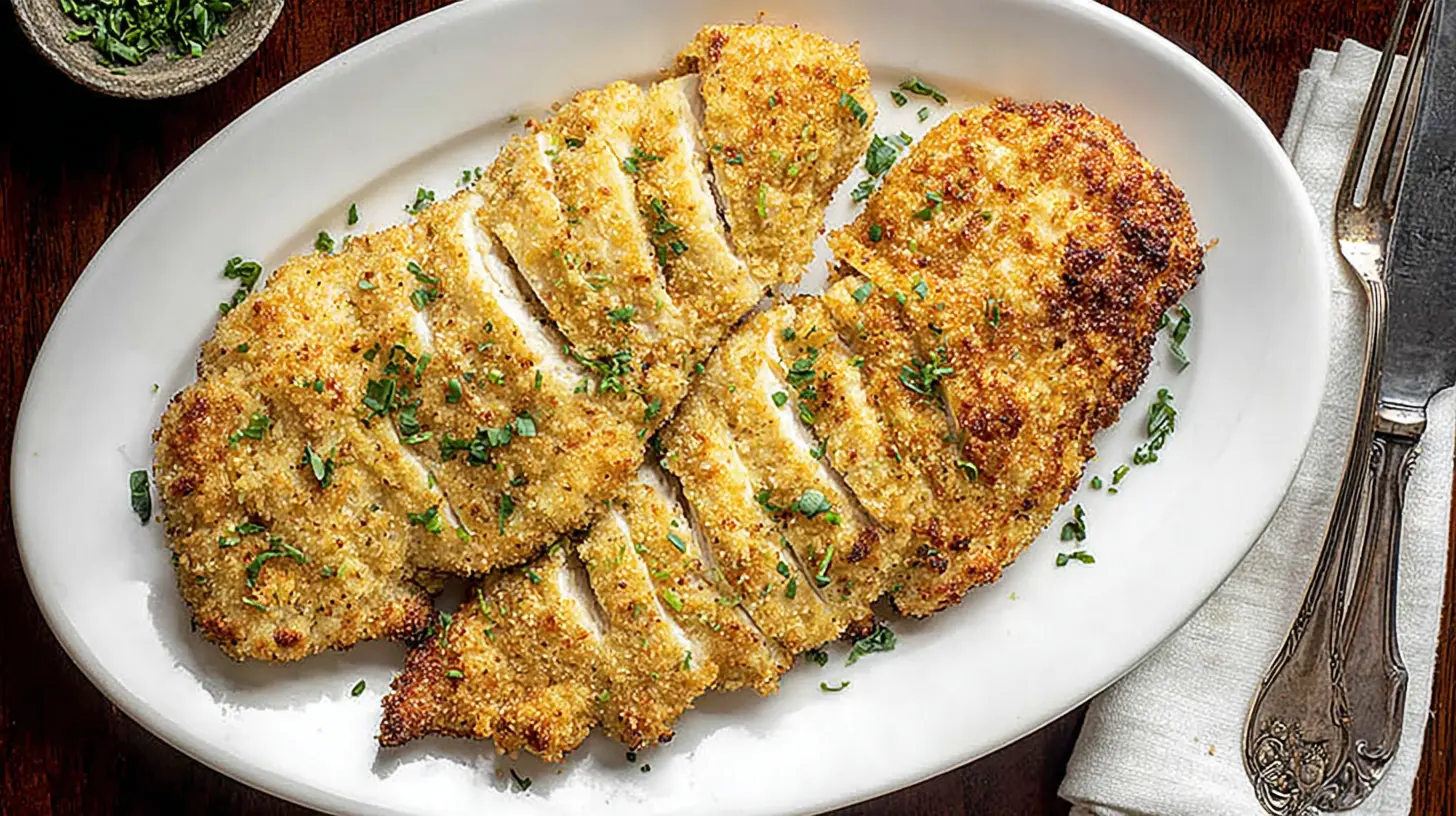Golden-brown breaded chicken cutlets from a mayonnaise parmesan chicken recipe, garnished with fresh herbs on a white platter.