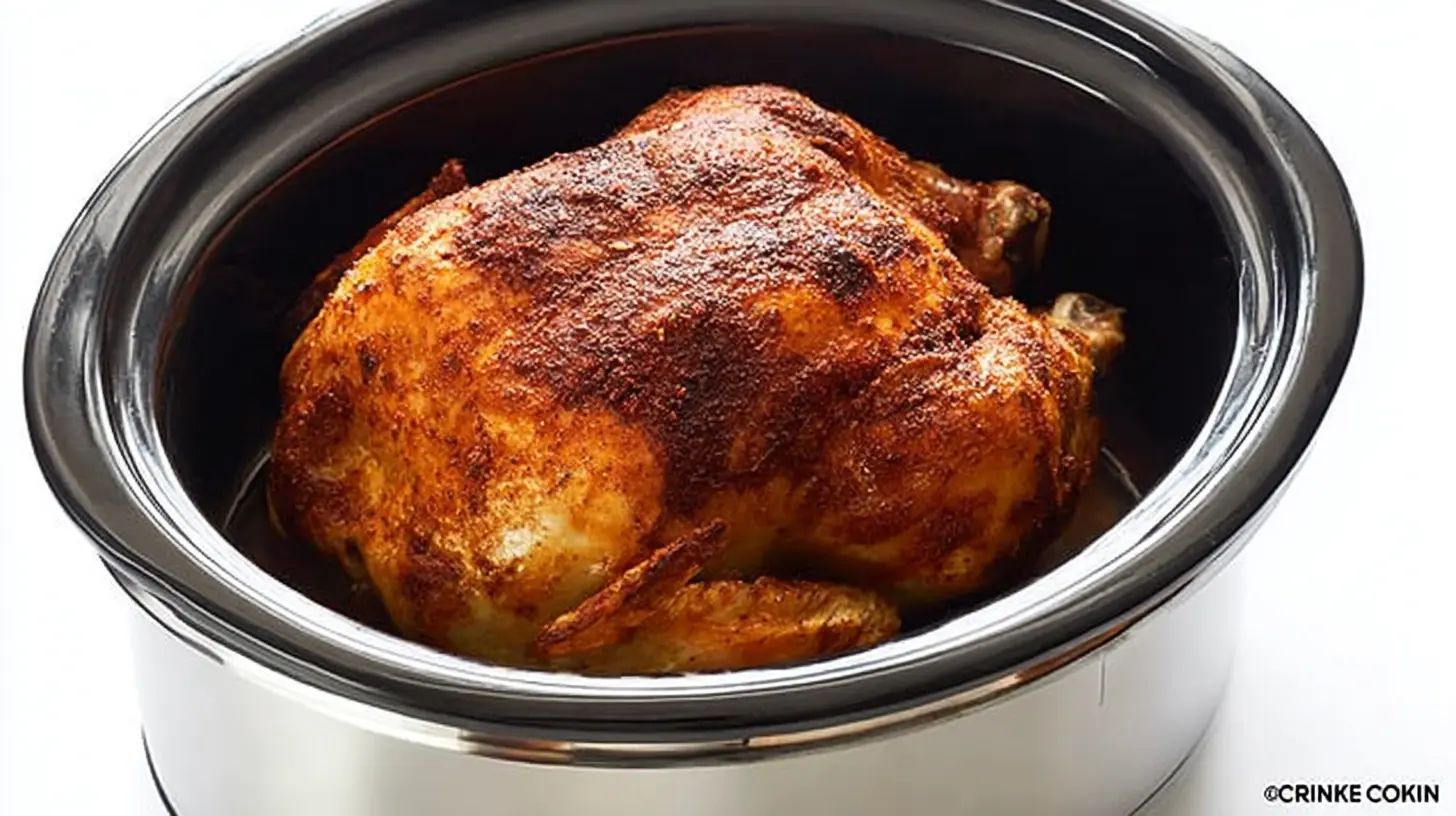 Golden-brown rotisserie chicken cooked in a crockpot, perfect for easy rotisserie chicken recipes crockpot.