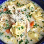 Creamy chicken tortellini soup, perfect for using up rotisserie chicken in leftover soup recipes, garnished with fresh parsley and Parmesan on a rustic wooden background.