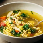 Close-up of a warm, inviting chicken noodle soup, featuring tender chicken and fresh vegetables, inspiring rotisserie chicken recipes low carb meal ideas.