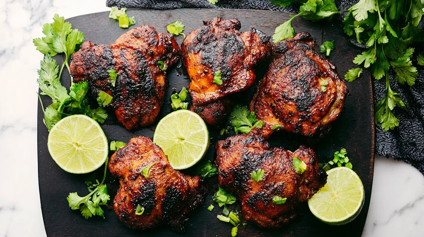 Overhead view of beautifully cooked Boneless Chicken Thighs Baked to a golden brown, garnished with fresh cilantro and lime.