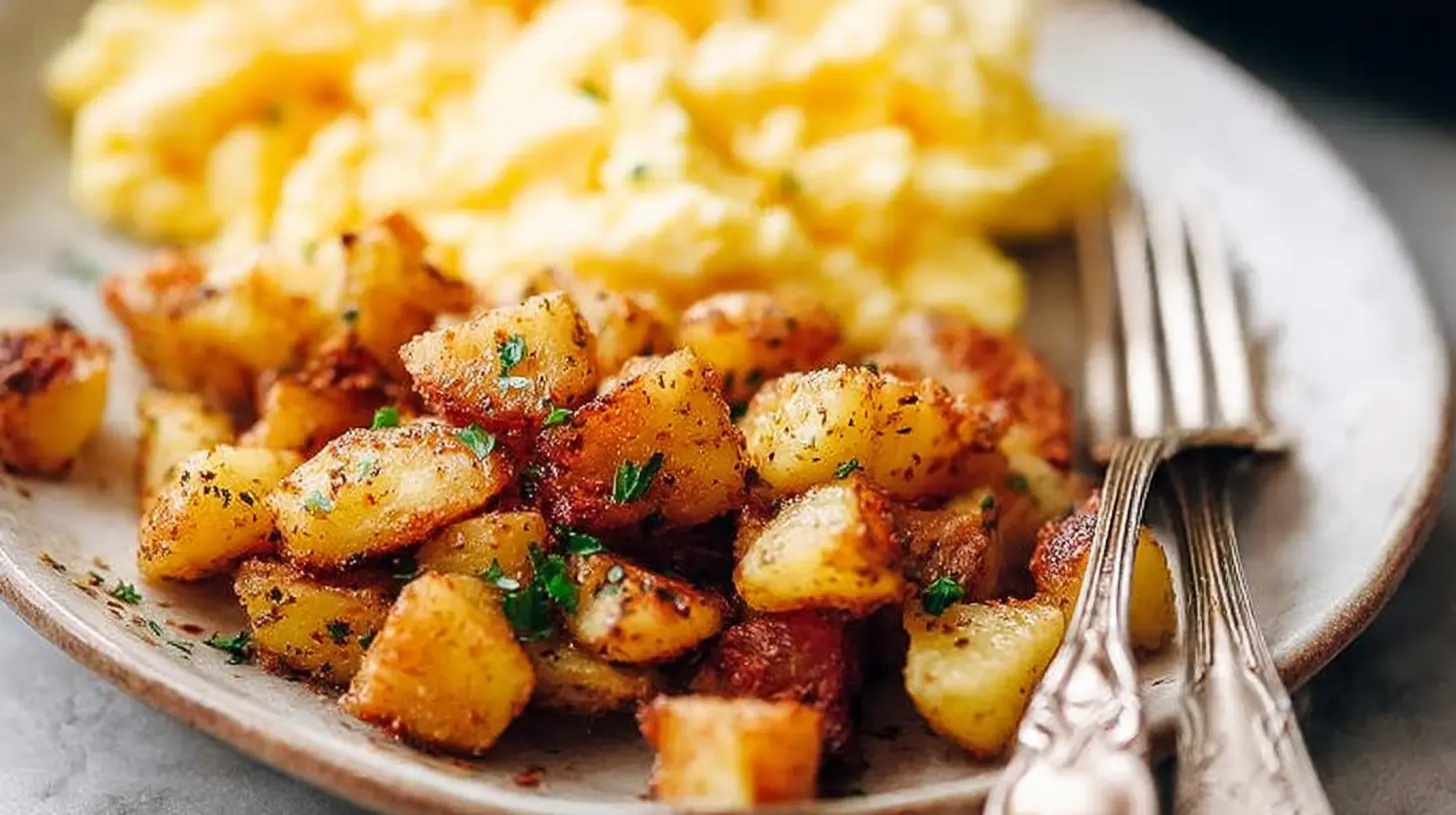 A close-up, appetizing view of a breakfast potatoes skillet with crispy golden-brown seasoned potatoes and fluffy scrambled eggs.