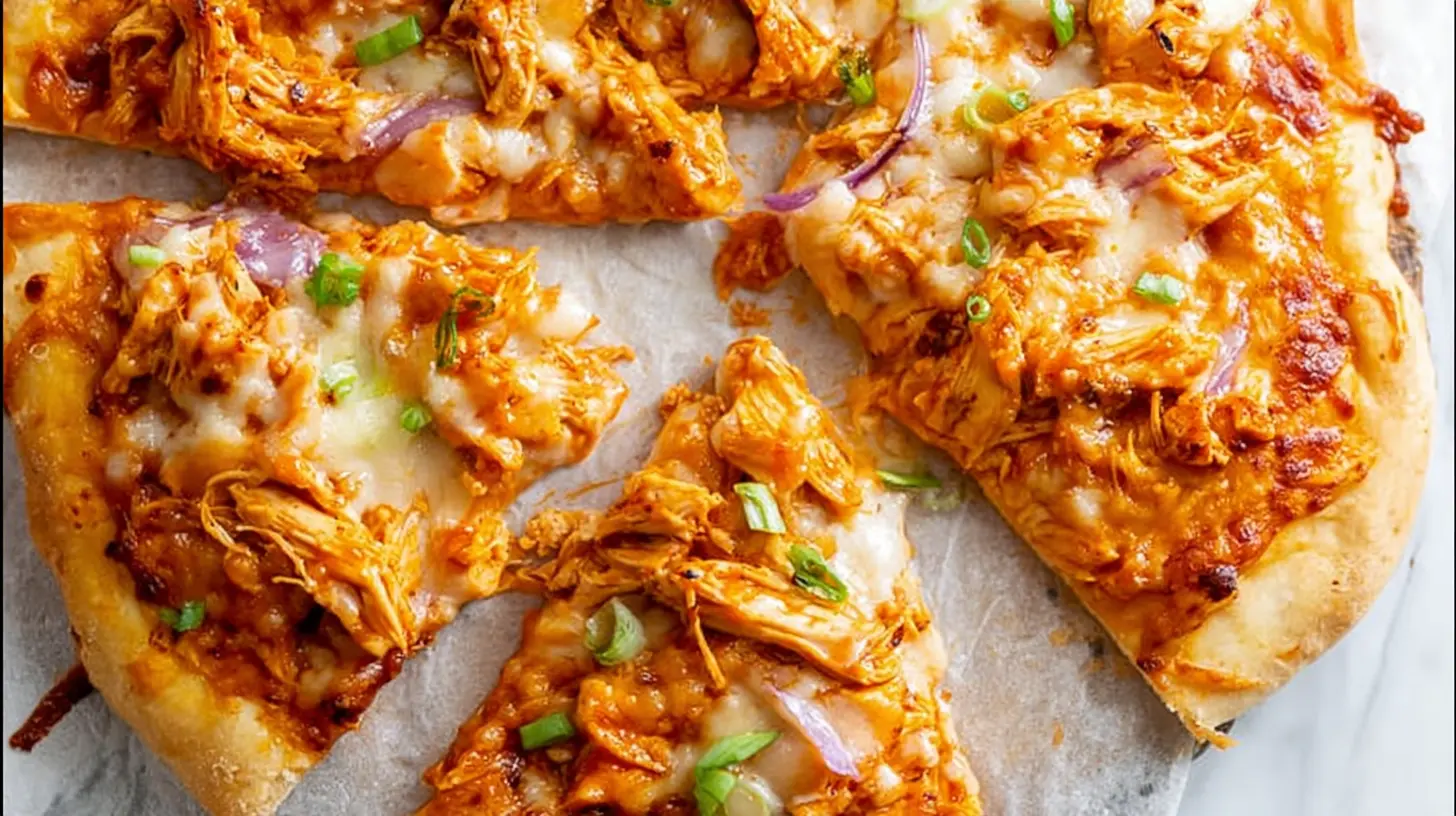 Close-up of a freshly baked buffalo chicken pizza with shredded chicken, melted cheese, red onion, and green onions.