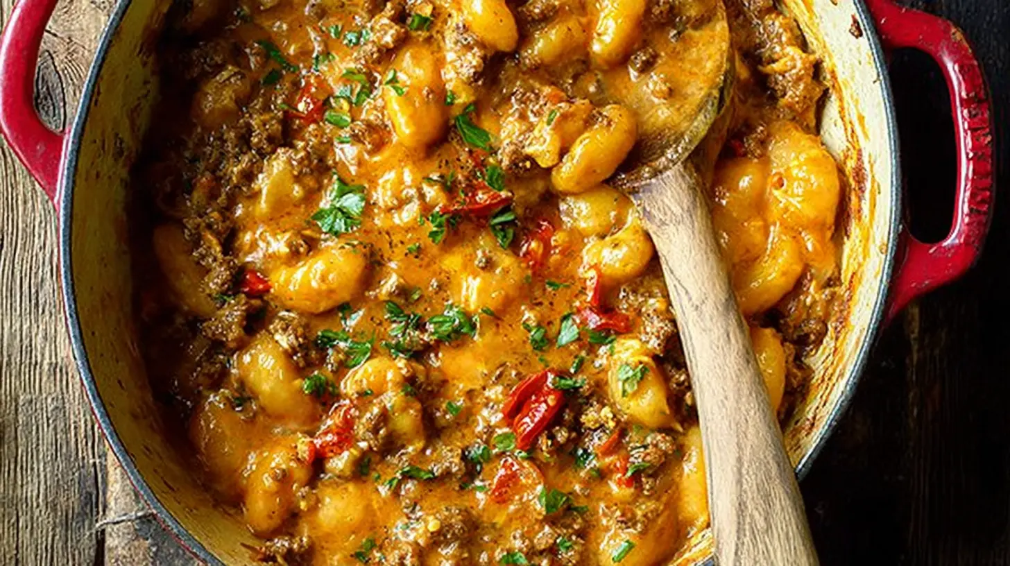 A close-up, top-down view of a rustic red Dutch oven filled with Cheesy One Pot Beef and Potatoes, garnished with fresh herbs.