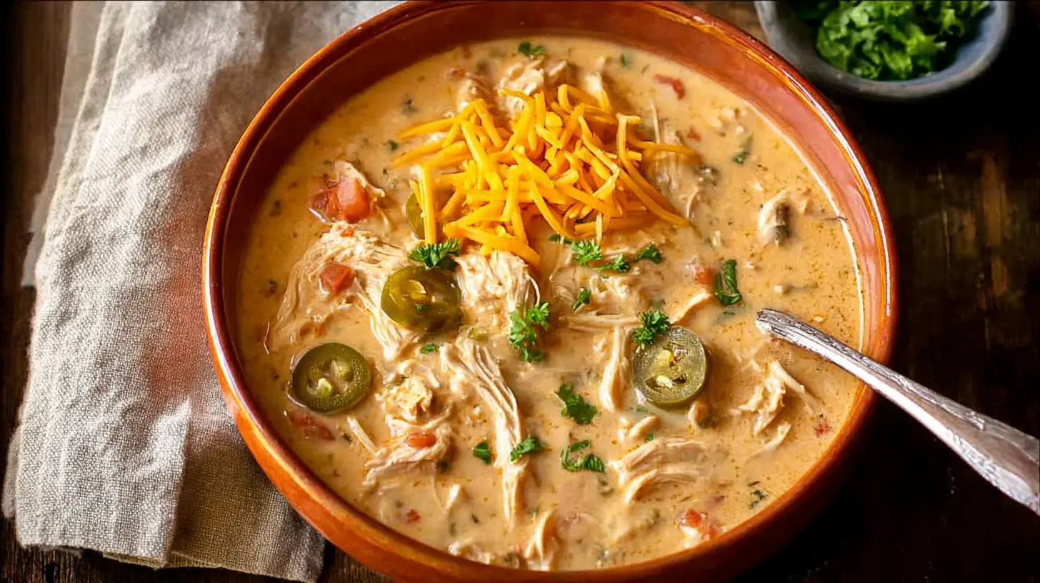 Hearty chicken queso soup in a rustic bowl, topped with melted cheese and fresh jalapeños.