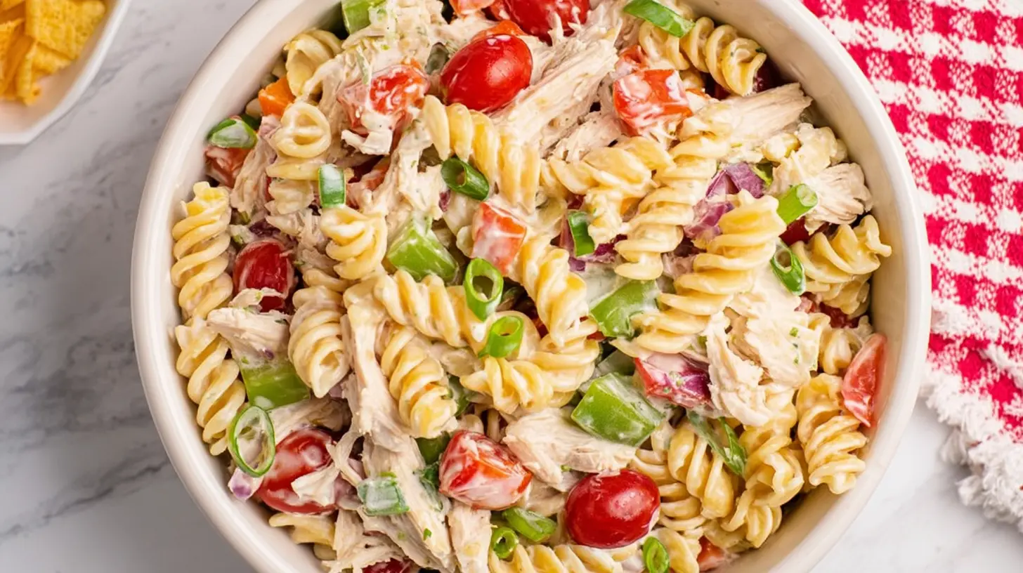 Vibrant overhead view of a creamy chicken ranch pasta salad in an off-white ceramic bowl, featuring fusilli, shredded chicken, cherry tomatoes, green bell peppers, red onion, and green onions.