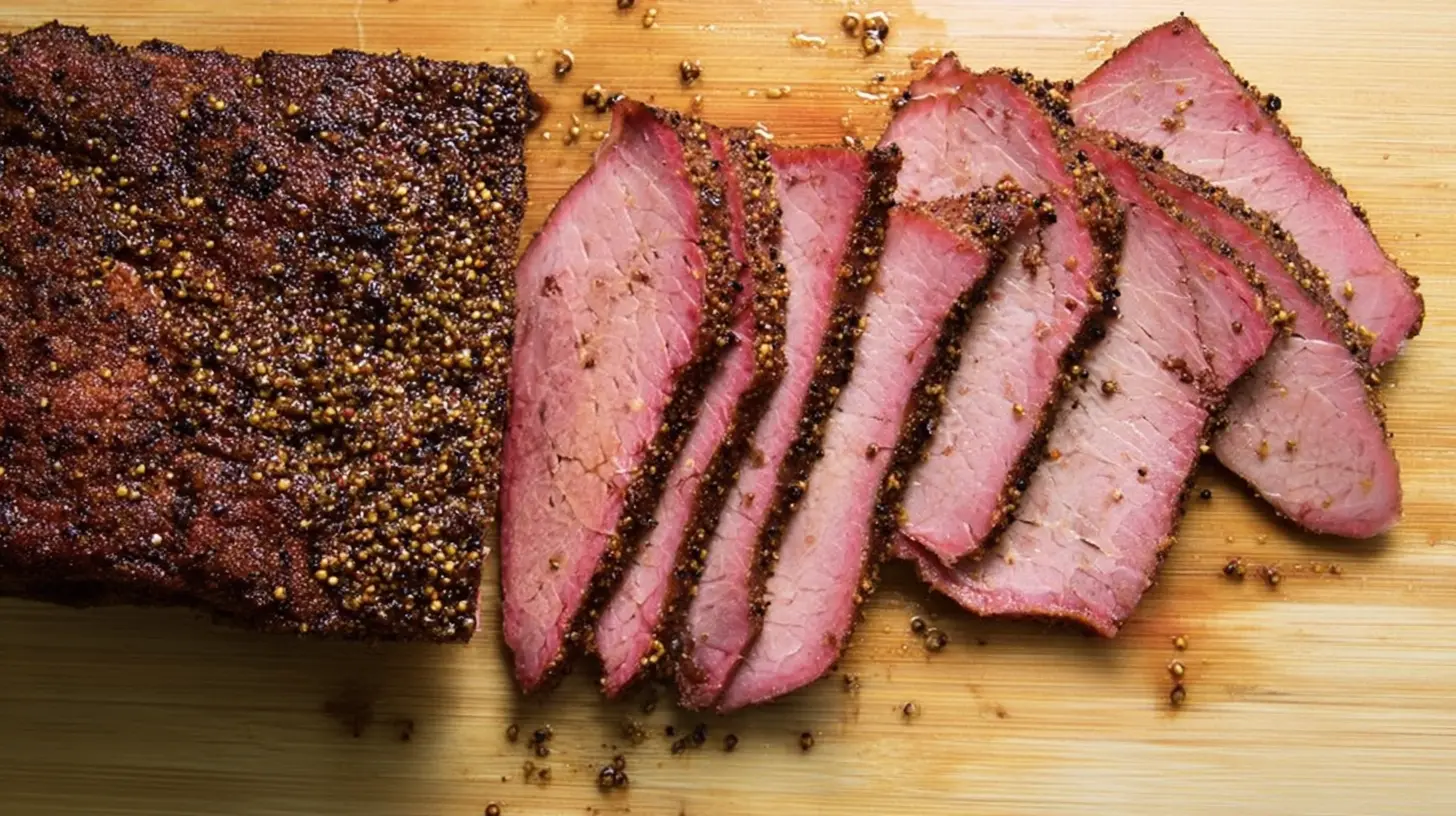 Overhead view of a perfectly cooked, partially sliced corned beef brisket on a wooden cutting board, revealing its tender pink interior and seasoned crust.