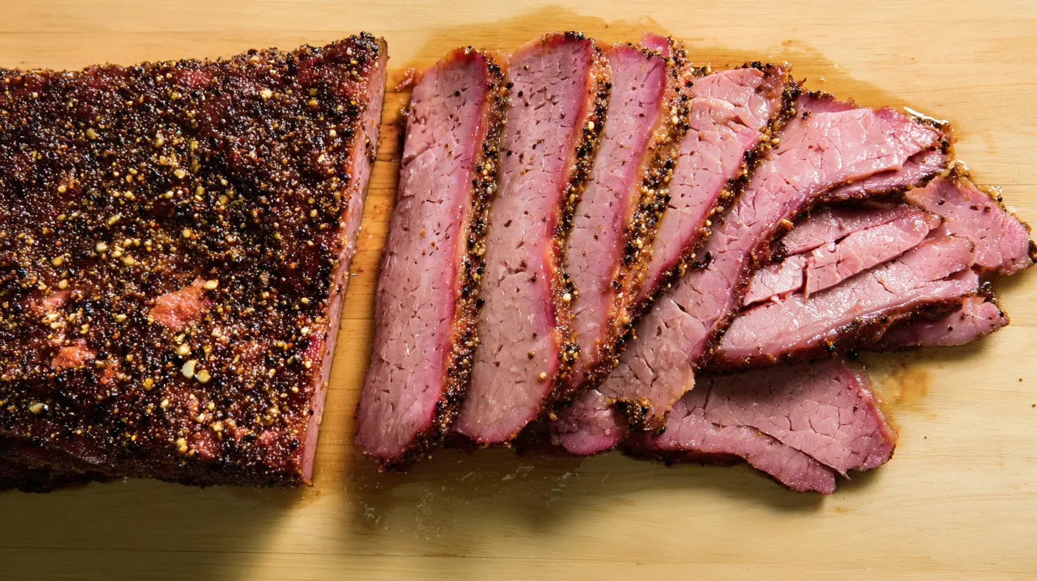 Perfectly cooked and sliced corned beef brisket on a wooden board, ready for delicious recipes.