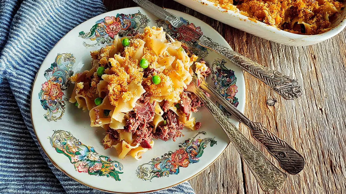 A hearty corned beef casserole with noodles, peas, and a crispy topping on a rustic wooden table.