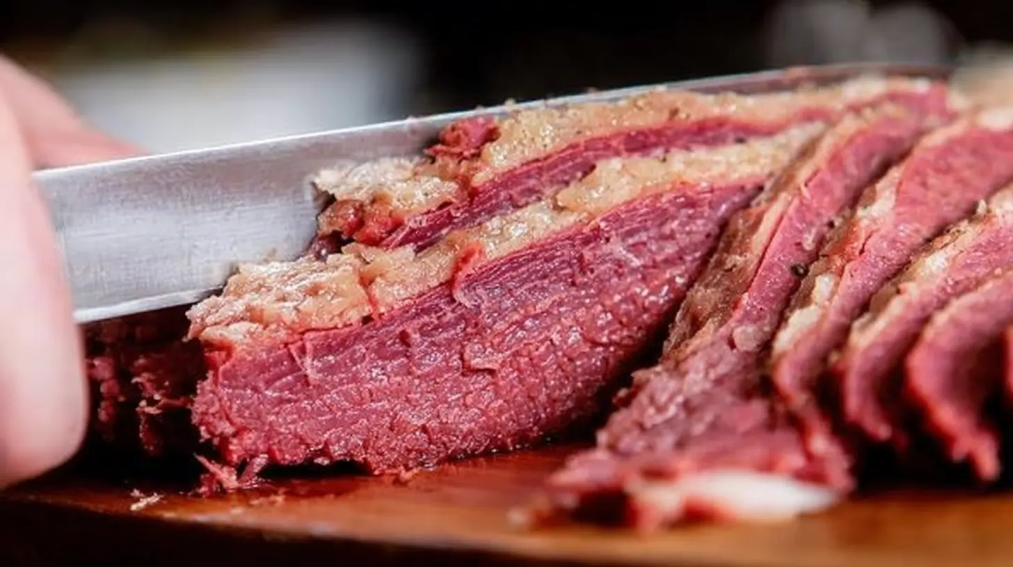 Close-up of perfectly sliced corned beef on a wooden cutting board, ready for a delicious Corned Beef Recipe.