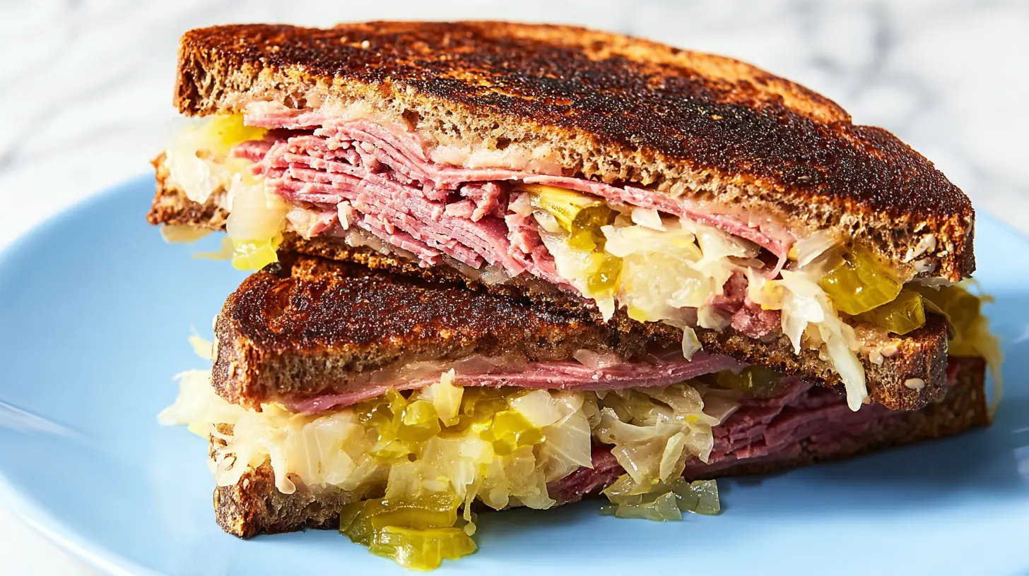 Grilled corned beef sandwich on rye with sauerkraut and pickles, served on a blue plate.