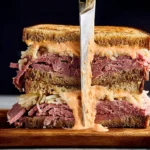 A generously filled corned beef sandwich with creamy corned beef sandwich sauce being cut in half on a wooden board.