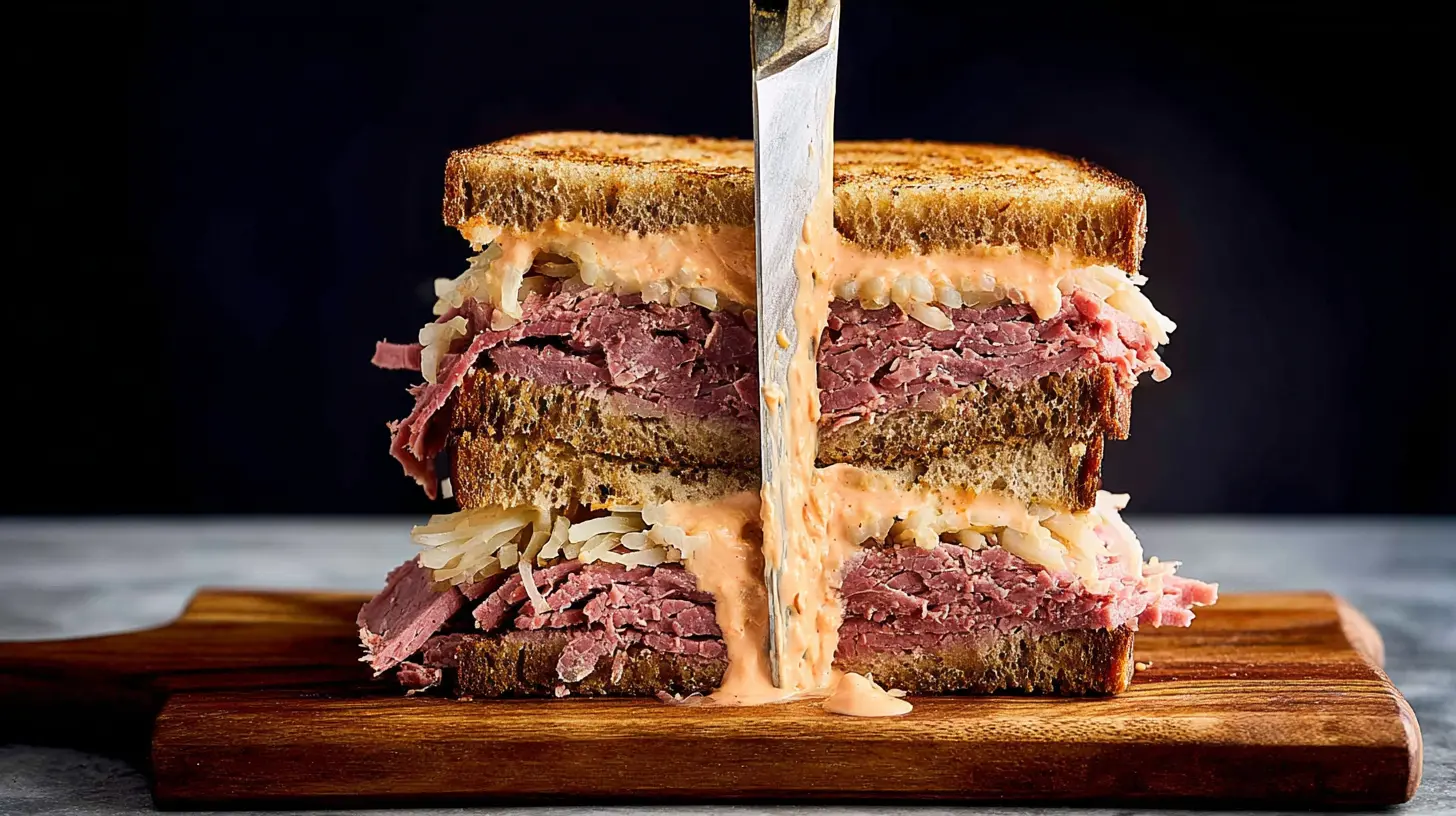A generously filled corned beef sandwich with creamy corned beef sandwich sauce being cut in half on a wooden board.