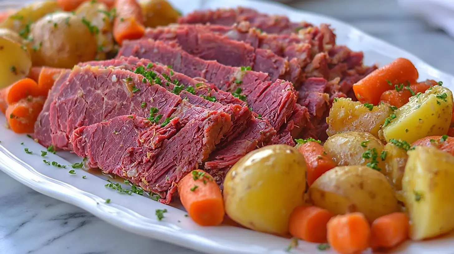 Delicious corned beef, tender vegetables, and potatoes served on a platter, showcasing a perfect corned beef slow cooker meal.