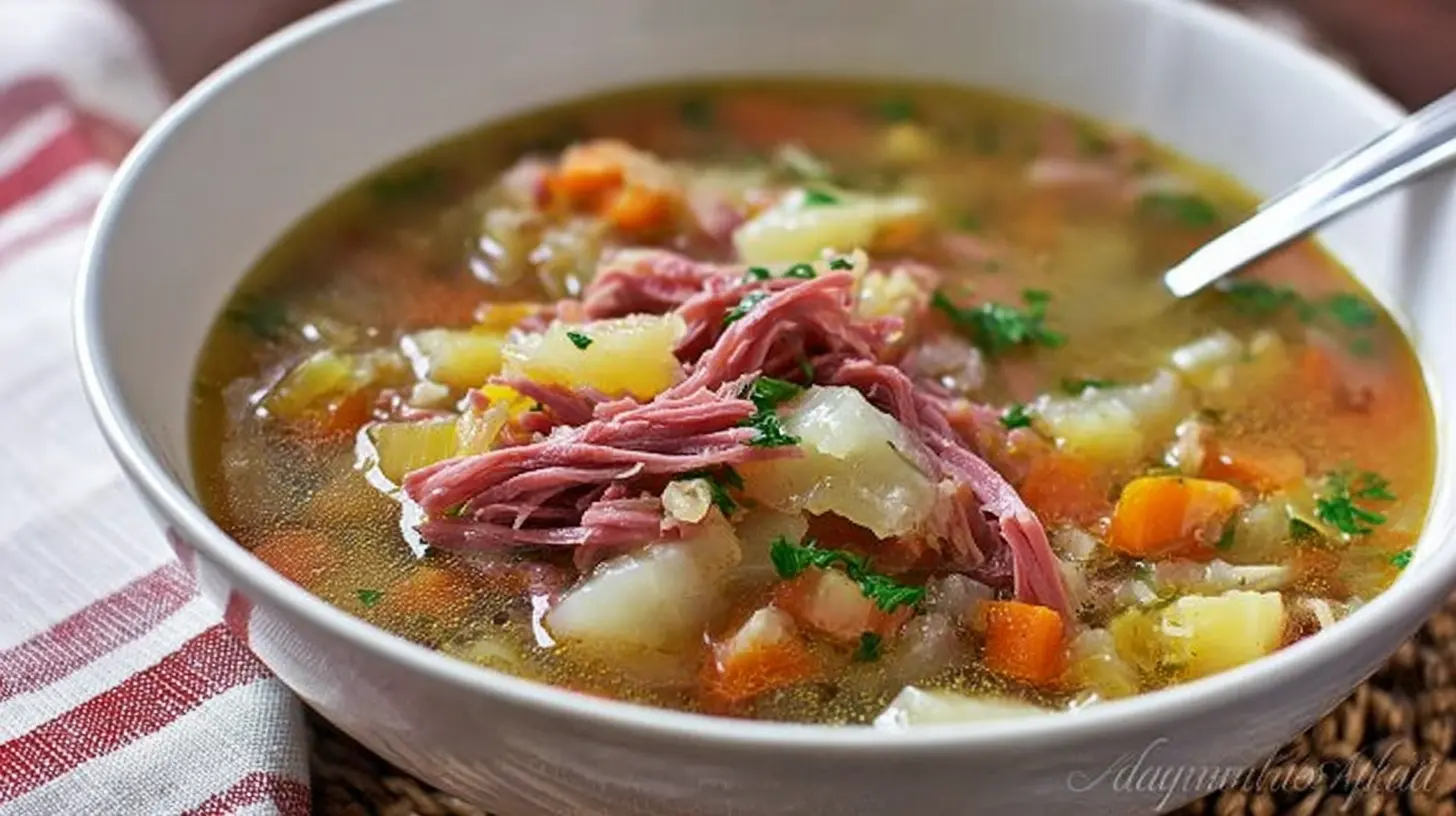 Close-up of a hearty bowl of corned beef soup with tender meat, potatoes, carrots, and fresh herbs, ready to be enjoyed.