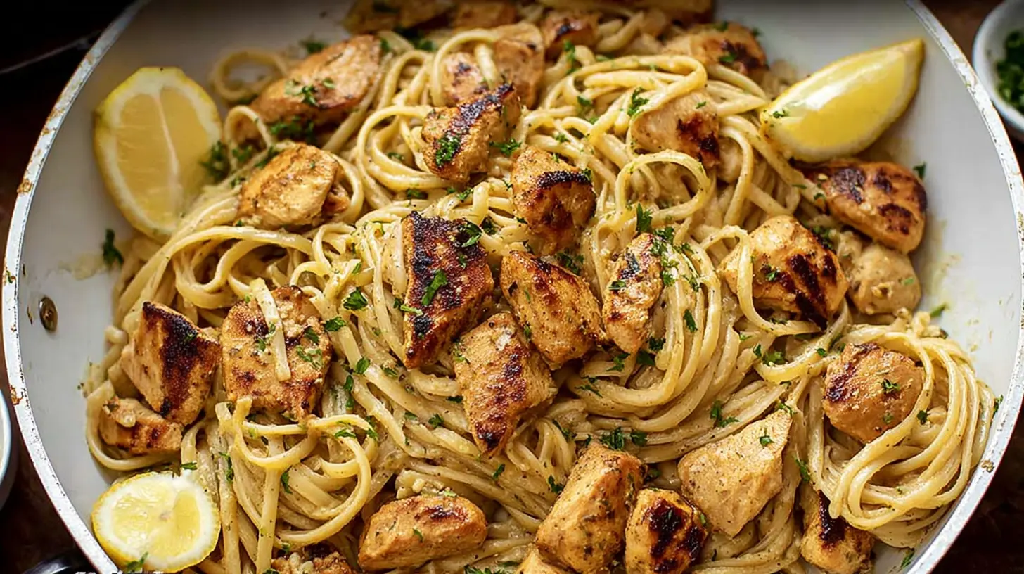 Close-up, top-down view of a rustic pan filled with creamy Cowboy Butter Chicken Linguine, garnished with fresh herbs and lemon wedges.