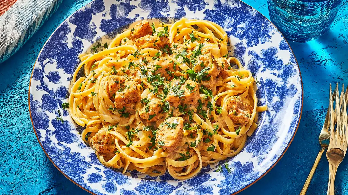 Creamy Cowboy Butter Chicken Pasta garnished with fresh herbs, served on a blue and white patterned plate.