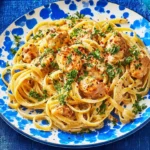 Overhead view of a vibrant Cowboy Butter Chicken Pasta dish with fettuccine, creamy sauce, chicken, parsley, and red pepper flakes on a blue-patterned plate.