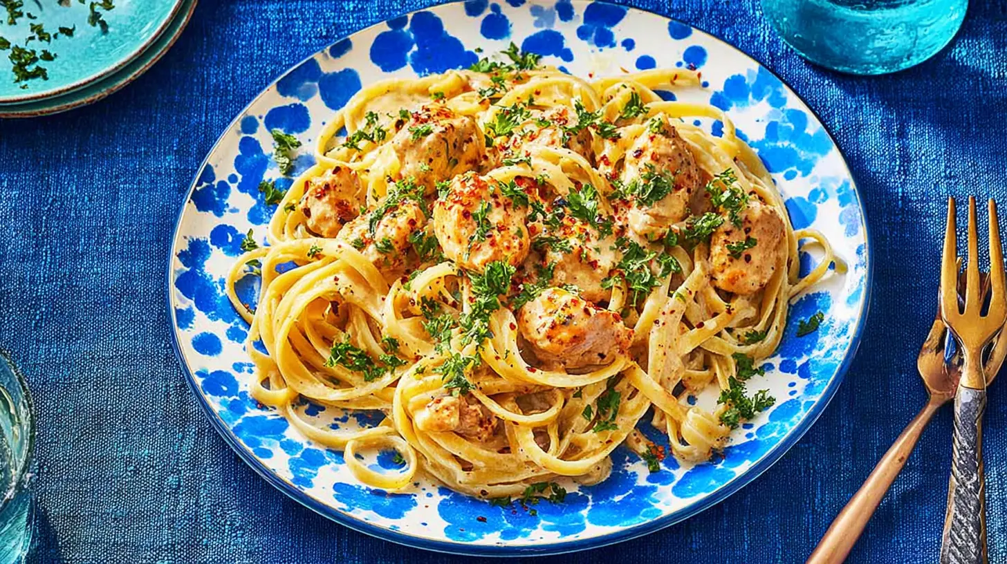 Overhead view of a vibrant Cowboy Butter Chicken Pasta dish with fettuccine, creamy sauce, chicken, parsley, and red pepper flakes on a blue-patterned plate.