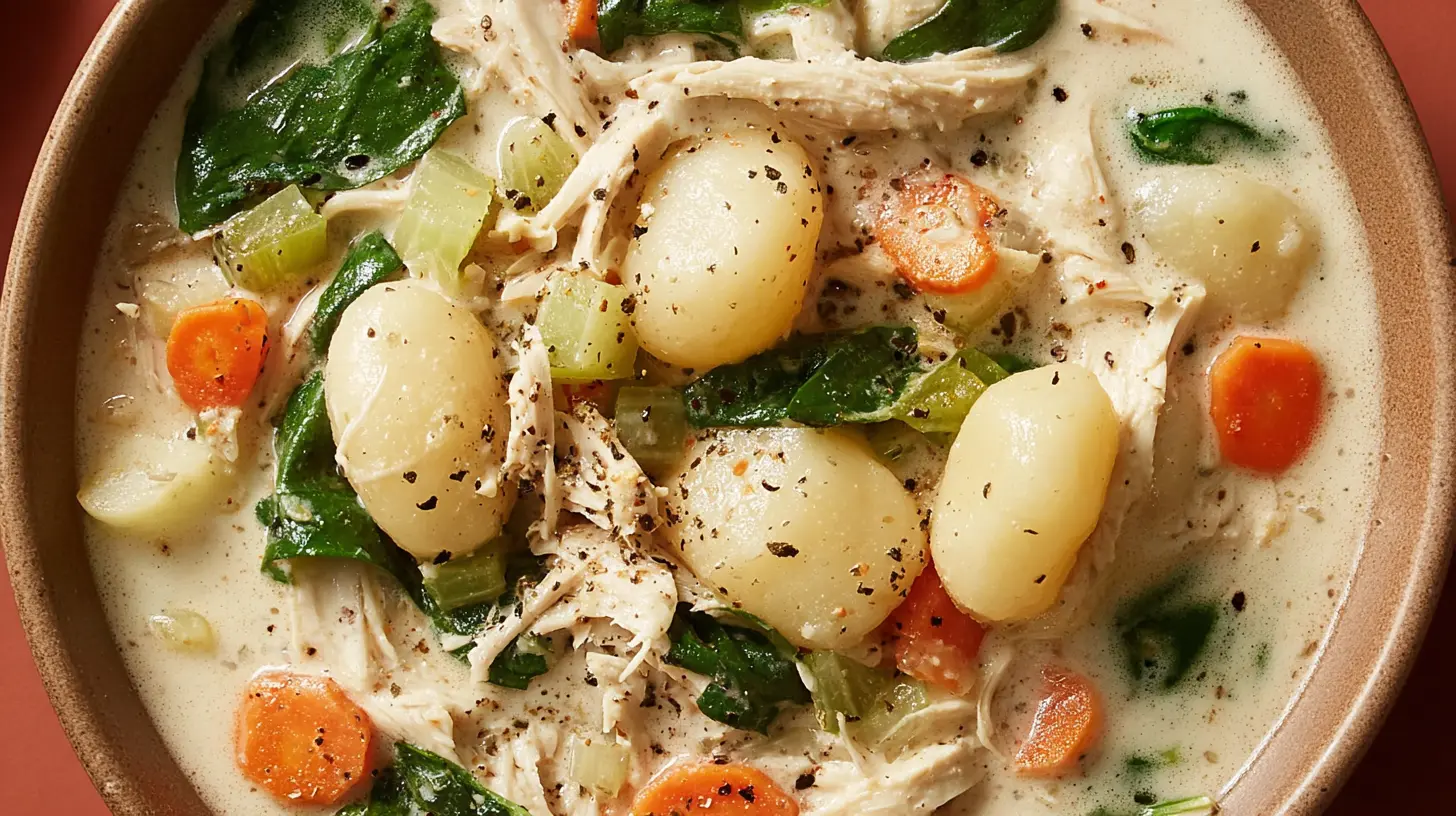 Close-up, top-down view of a hearty bowl of creamy chicken and gnocchi soup, garnished with pepper.