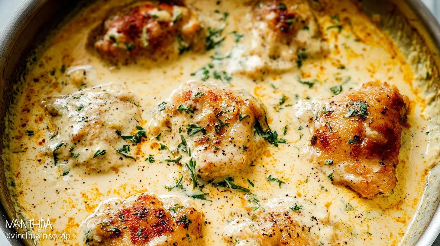 Close-up of golden-brown Creamy Oven Baked Chicken Thighs simmering in a rich, herb-speckled cream sauce in a metal skillet.