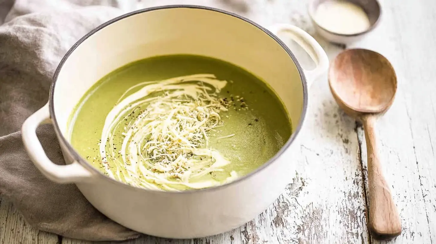 Warm creamy zucchini soup in a rustic enamel pot, garnished with cheese and pepper, on a distressed wooden table.