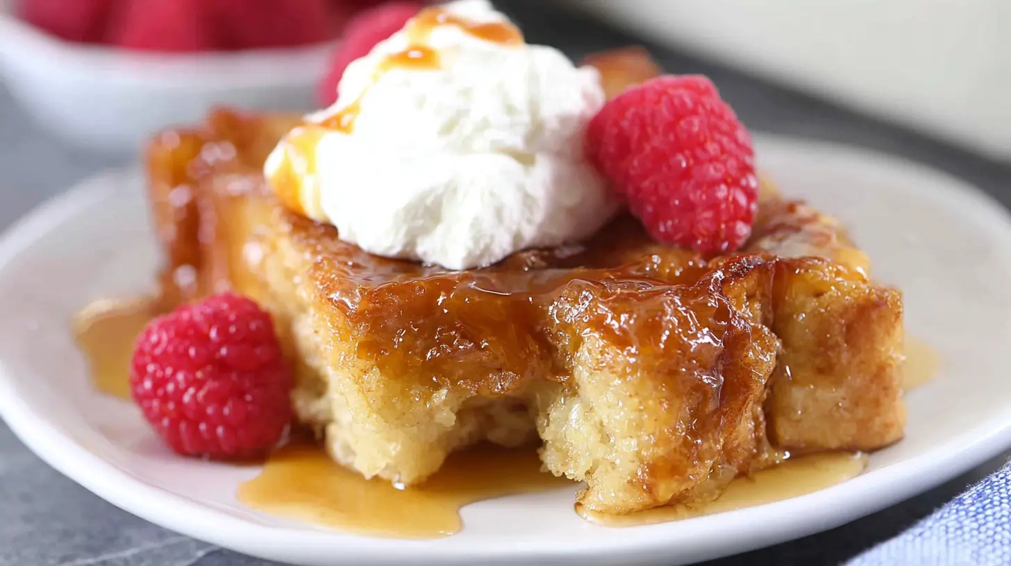 Close-up of golden-brown creme-brulee-french-toast with caramel, whipped cream, and fresh raspberries on a white plate.